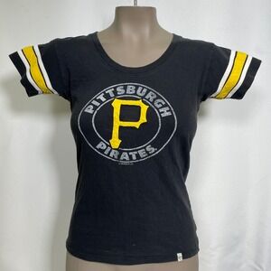 Pittsburgh Pirates MLB '47 Brand Black Striped Sleeve T-Shirt Women's SMALL